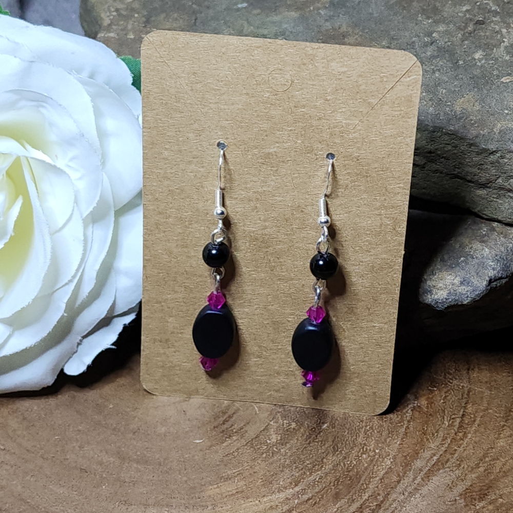Hand Crafted Black and Fuchsia Dangle Drop Hook Earrings